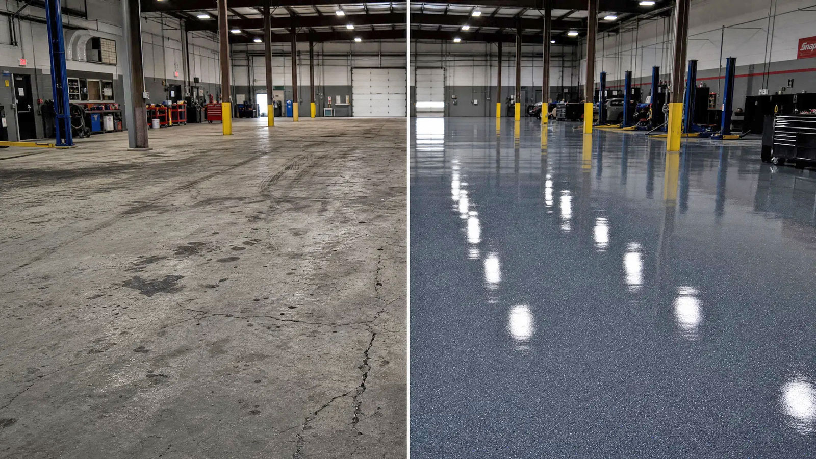 Commercial floor coating before and after — auto shop in Oviedo FL