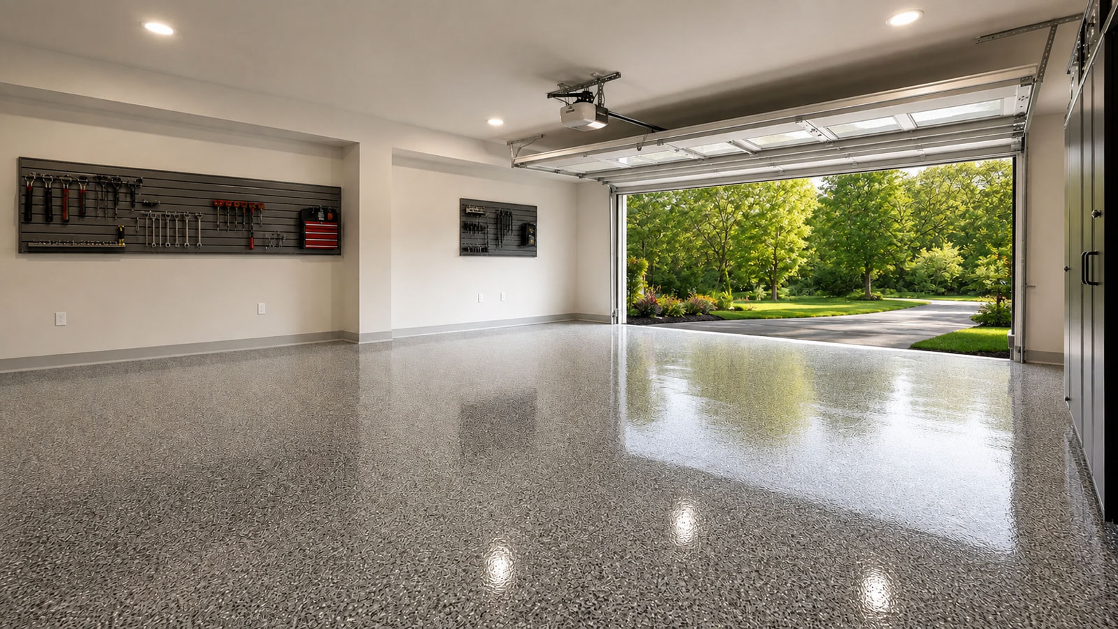 Residential garage with a professionally coated decorative flake floor